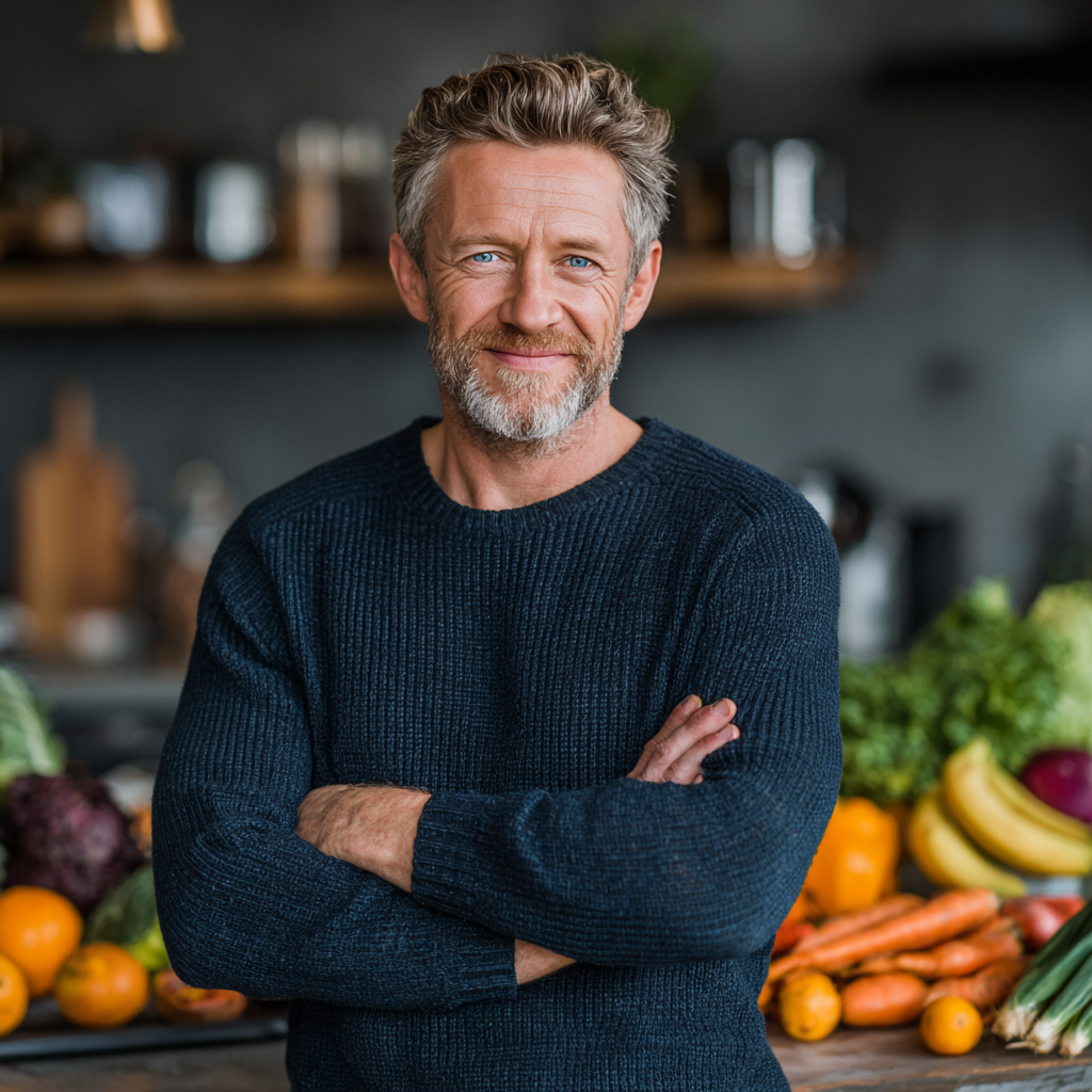 Confident middle-aged man in his early 50s with short graying hair and a warm smile, wearing a casual navy blue sweater, standing in a modern kitchen with fresh fruits and vegetables on the counter, looking healthy and energetic